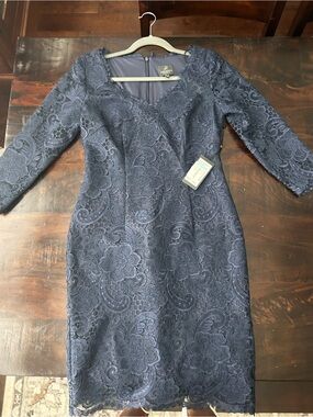 Adrianna Papell Midnight Blue Lace V-Neck Sheath Dress
